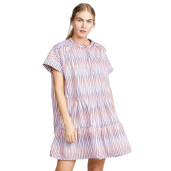 SALONI Ashley Mini Dress Optic Stripe Blue Pink Red Tiered Oversize Cotton Beach - Picture 1 of 16